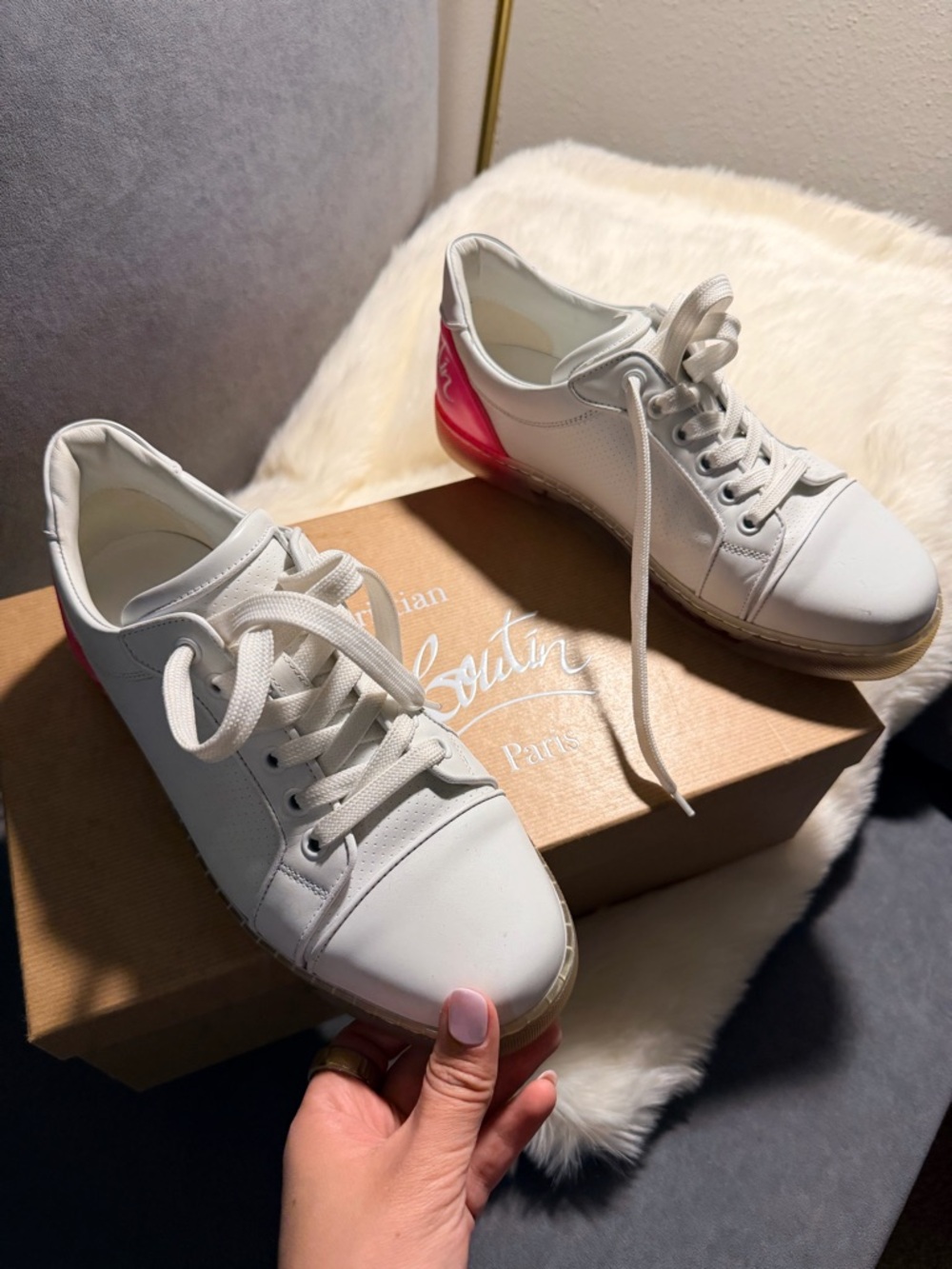 Christian Louboutin Vieira White Leather Sneakers with Pink Heel Accent